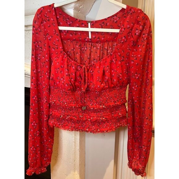 Free People Lolita Top Red Women's Keyhole Floral Pouf Square Neck Blouse Sz M - Picture 6 of 13